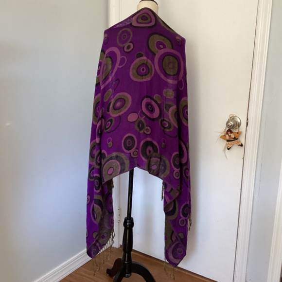 VINTAGE WOMAN JAQUARD SCARF SHAWL PURPLE OLIVE GEOMETRIC FRINGE - Picture 3 of 6